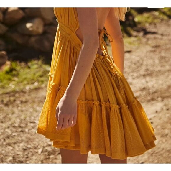 Free People 100 Degree Mini Dress Yellow Marigold Sz Sm Boho Flowy Summer Dress - Picture 4 of 11